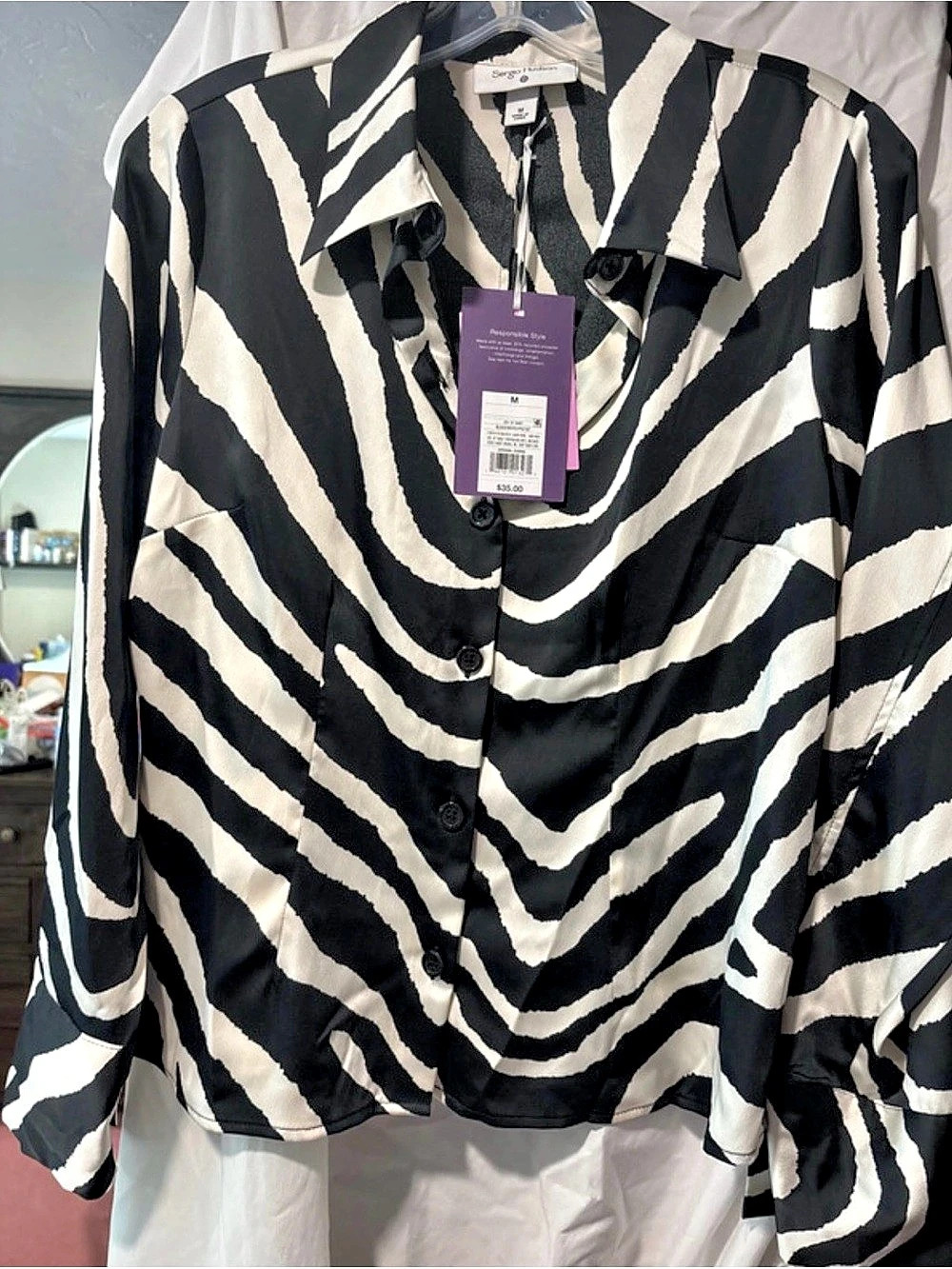 Sergio Hudson Zebra Print Blouse in Black & White Size Medium NWT